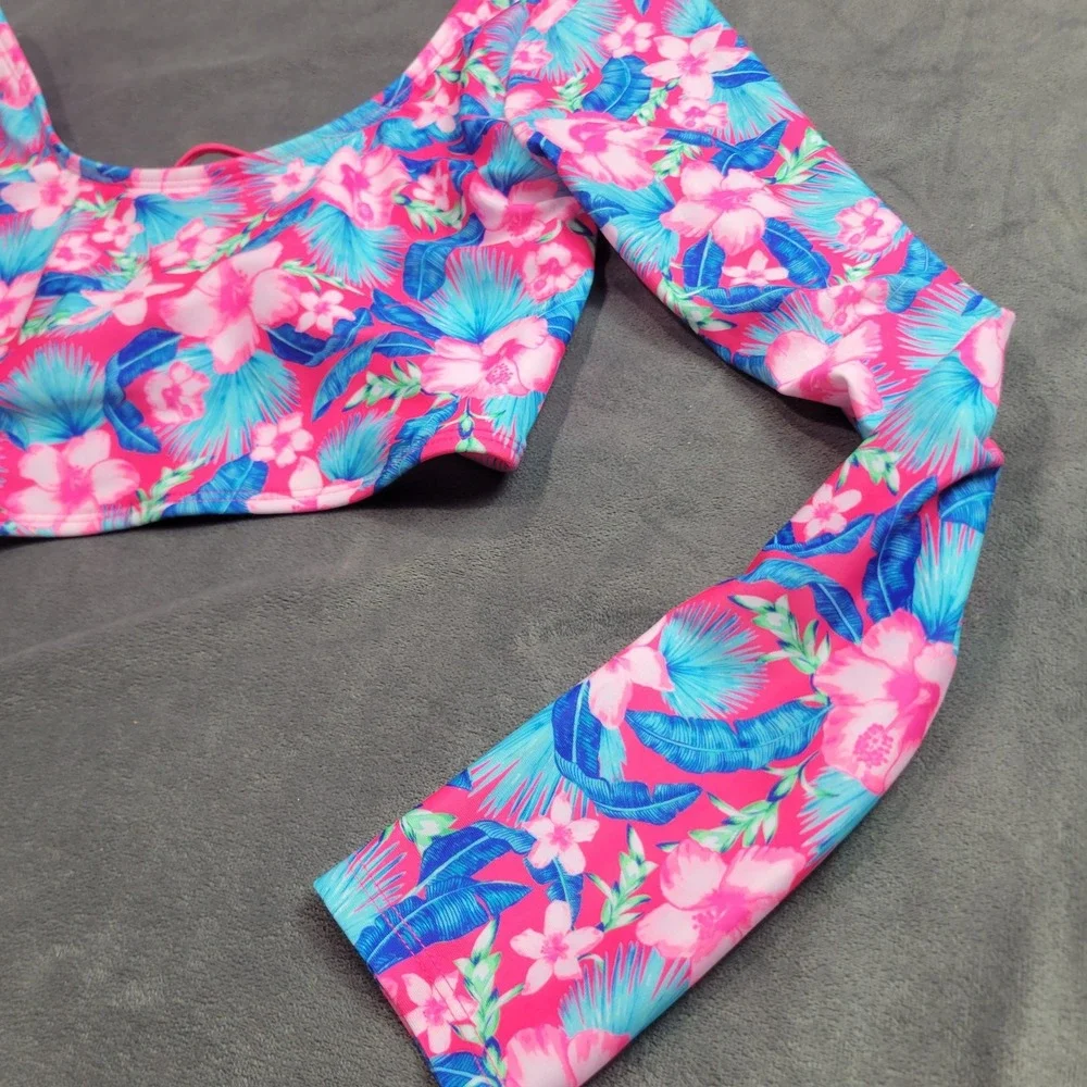 Art Class Girls XL 14 Tropical Floral Long Sleeve Bikini Top Pink Blue 222014967